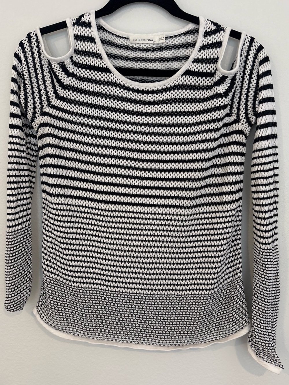RAG & BONE Jeans Striped Cutout Shoulder Knit Top - Black & White M
